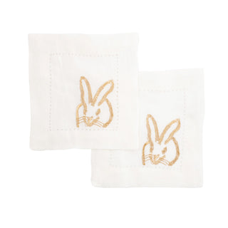 GOLD BUNNY EMBROIDERED LINEN COCKTAIL NAPKINS IN WHITE