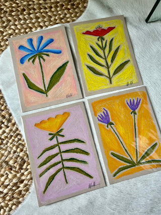 Oil Pastel Flowers on Tan Toned Paper (Sold Individually)